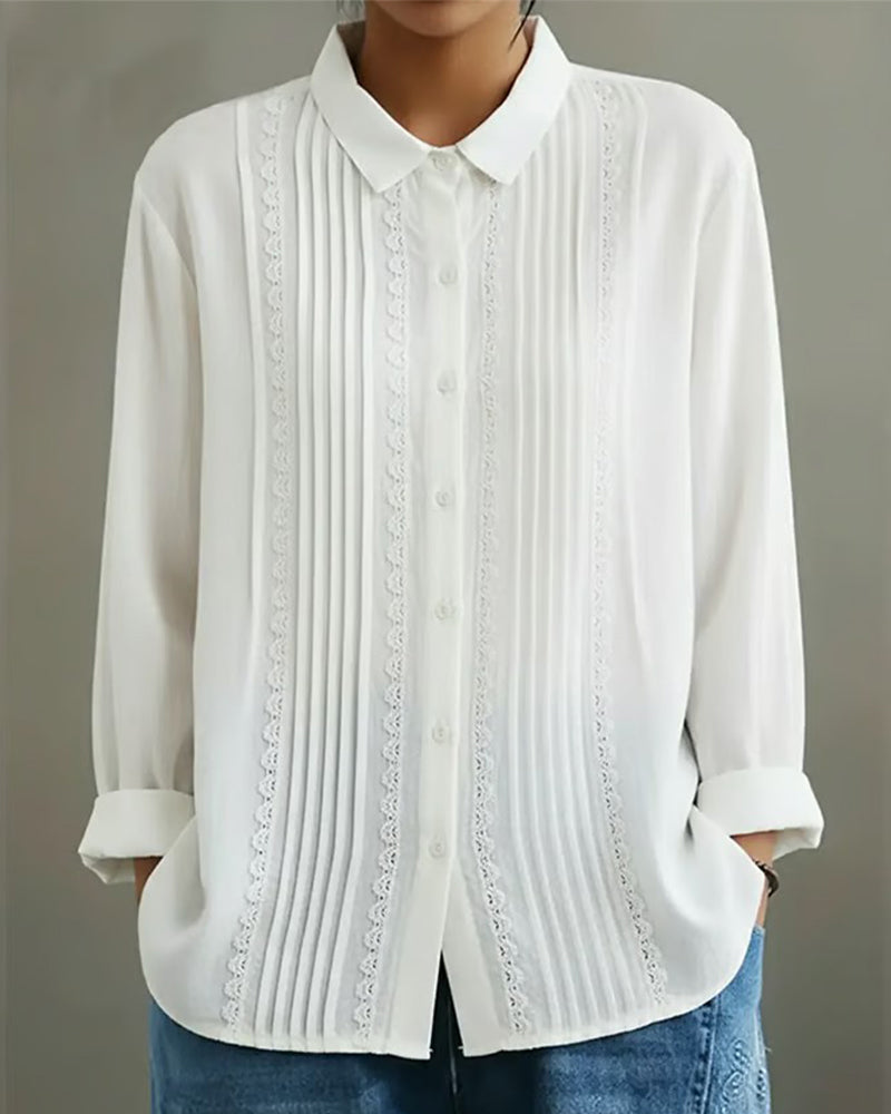 Women's Elowara – Pleated Lace Elegance Blouse in White | Invictora.com