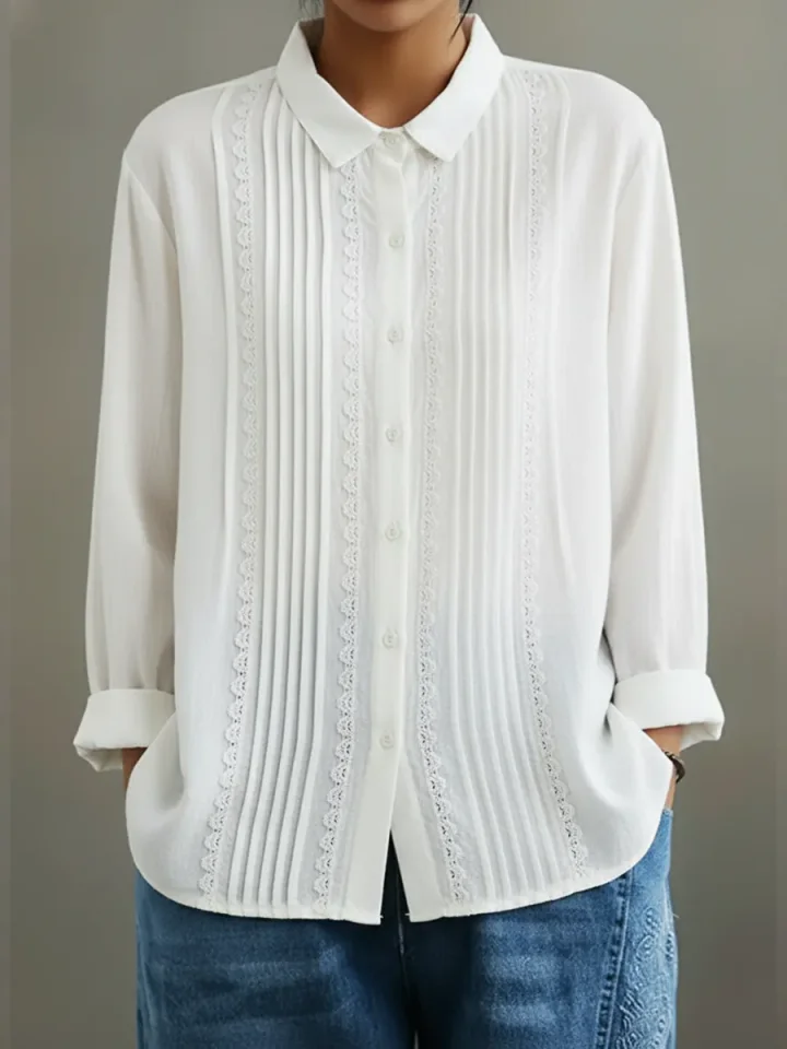 Women's Elowara – Pleated Lace Elegance Blouse in White | Invictora.com
