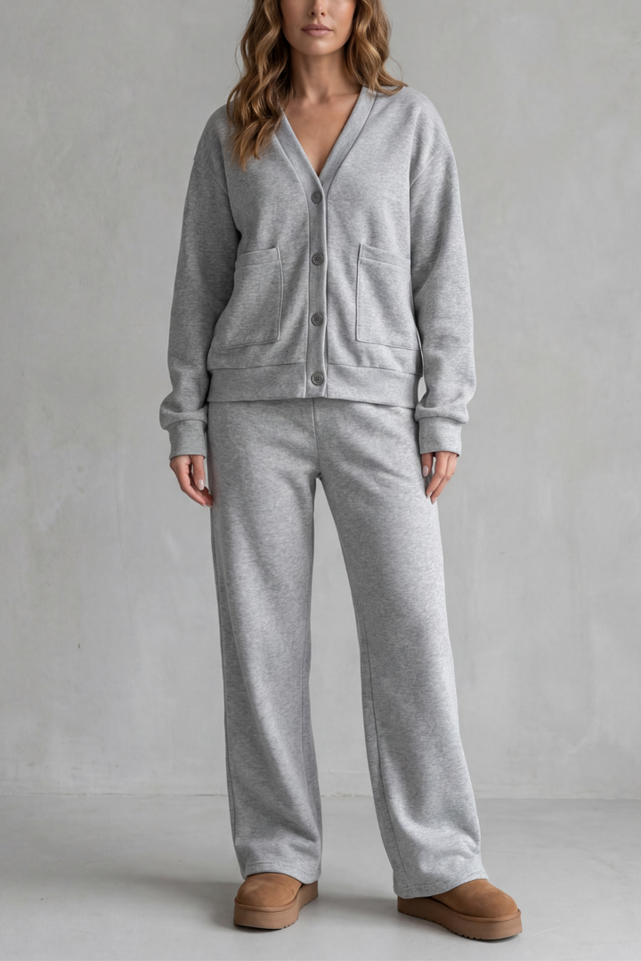 Women's Pocketed V-Neck Cardigan & Wide-Leg Trouser Set