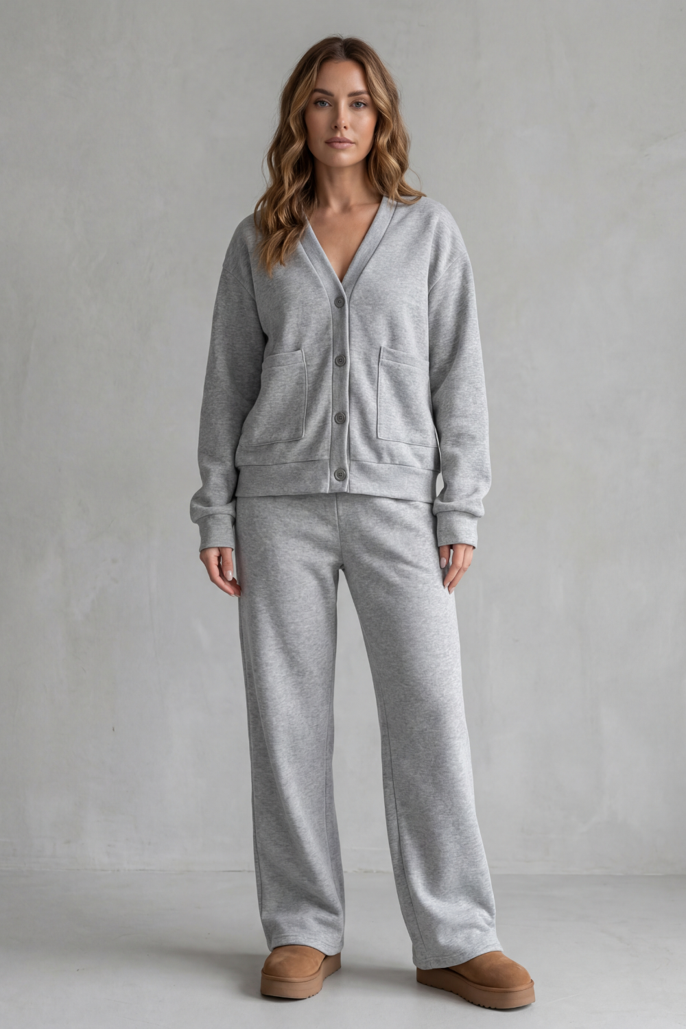 Women's Pocketed V-Neck Cardigan & Wide-Leg Trouser Set