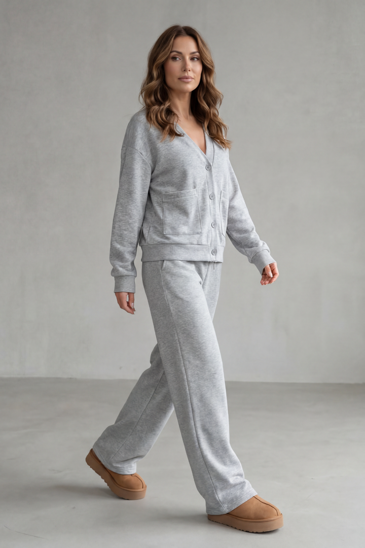 Women's Pocketed V-Neck Cardigan & Wide-Leg Trouser Set