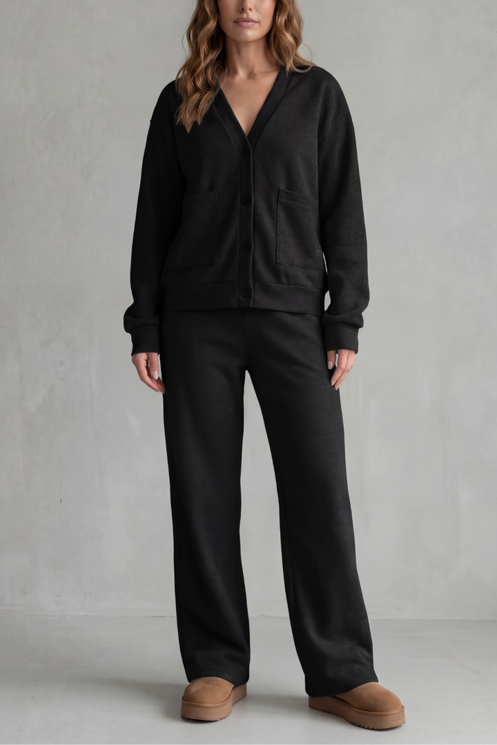 Women's Pocketed V-Neck Cardigan & Wide-Leg Trouser Set