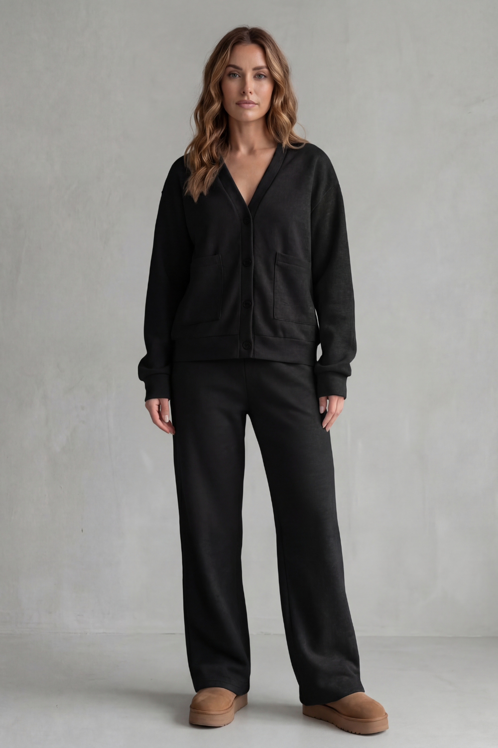 Women's Pocketed V-Neck Cardigan & Wide-Leg Trouser Set