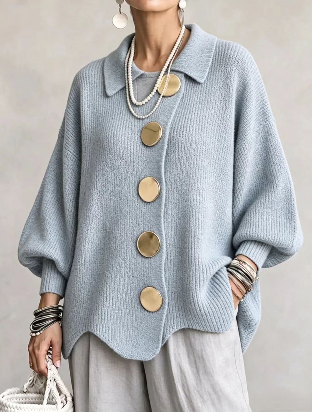Women's Collared Oversized Cardigan with Gold-Tone Buttons
