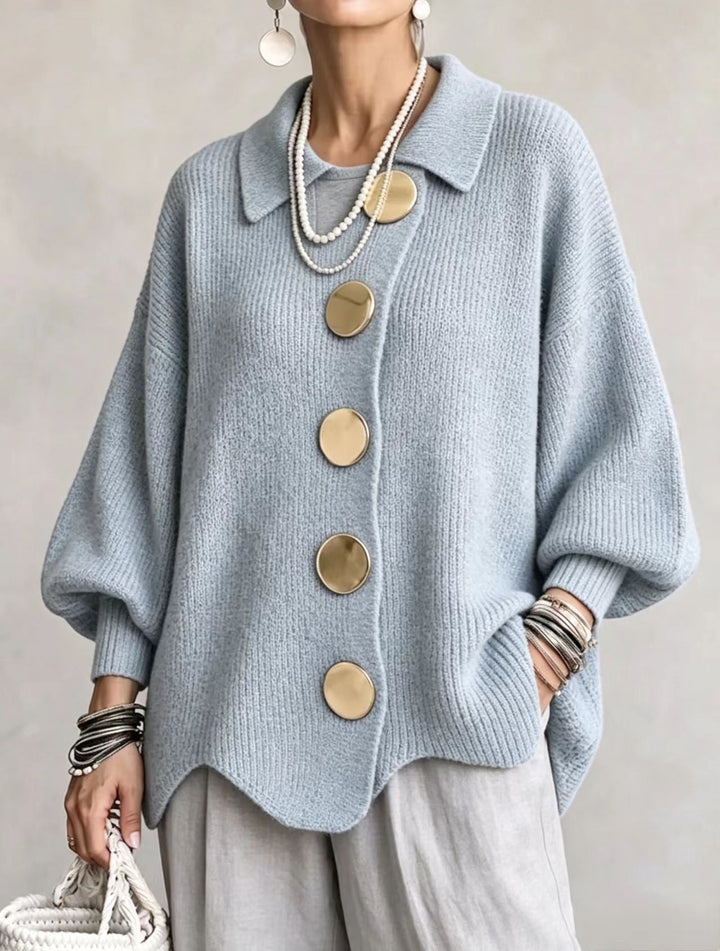 Women's Collared Oversized Cardigan with Gold-Tone Buttons
