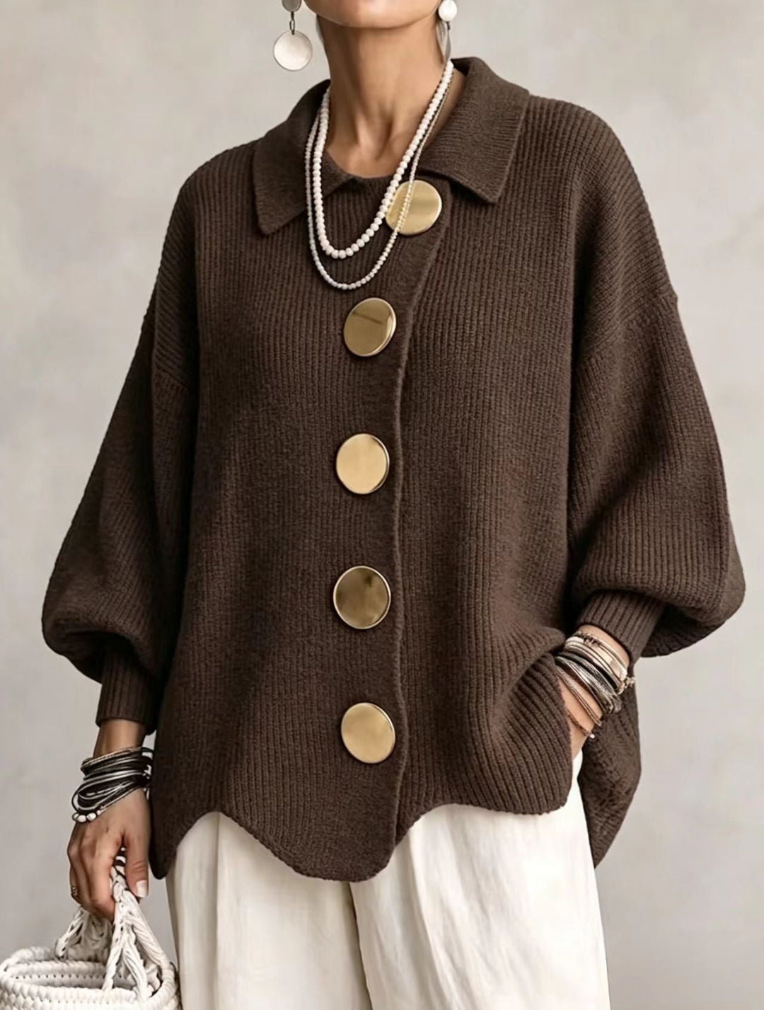 Women's Collared Oversized Cardigan with Gold-Tone Buttons