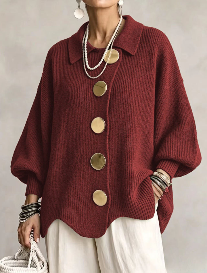 Women's Collared Oversized Cardigan with Gold-Tone Buttons