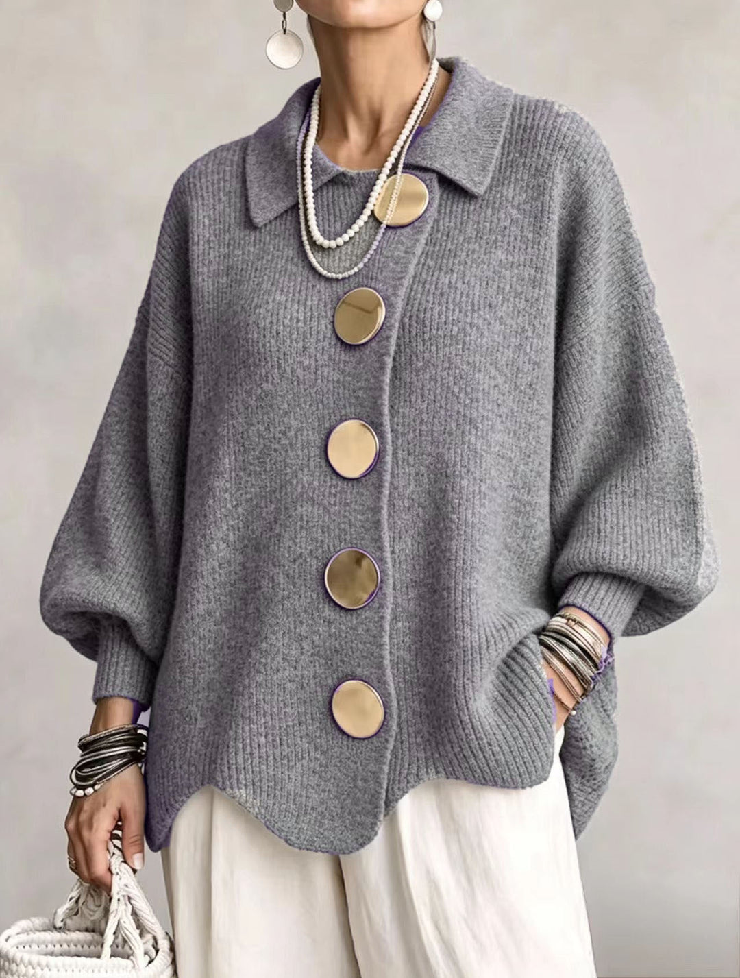 Women's Collared Oversized Cardigan with Gold-Tone Buttons