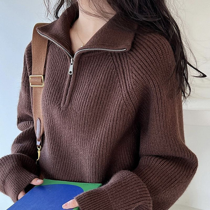 Women's Sofia Soft-Touch Quarter-Zip Sweater in Brown | Invictora.com