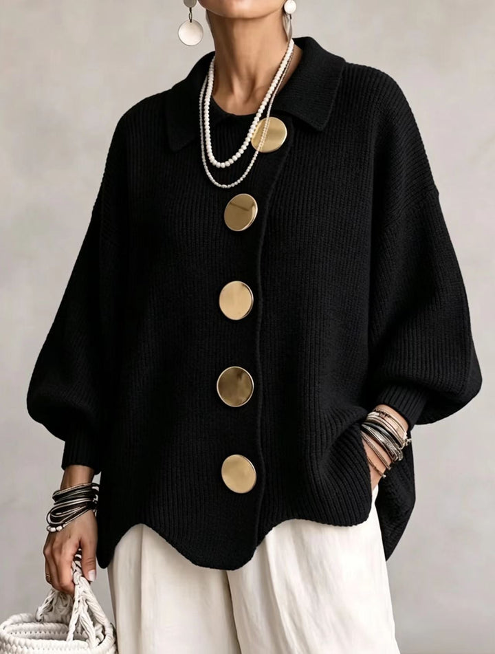 Women's Collared Oversized Cardigan with Gold-Tone Buttons