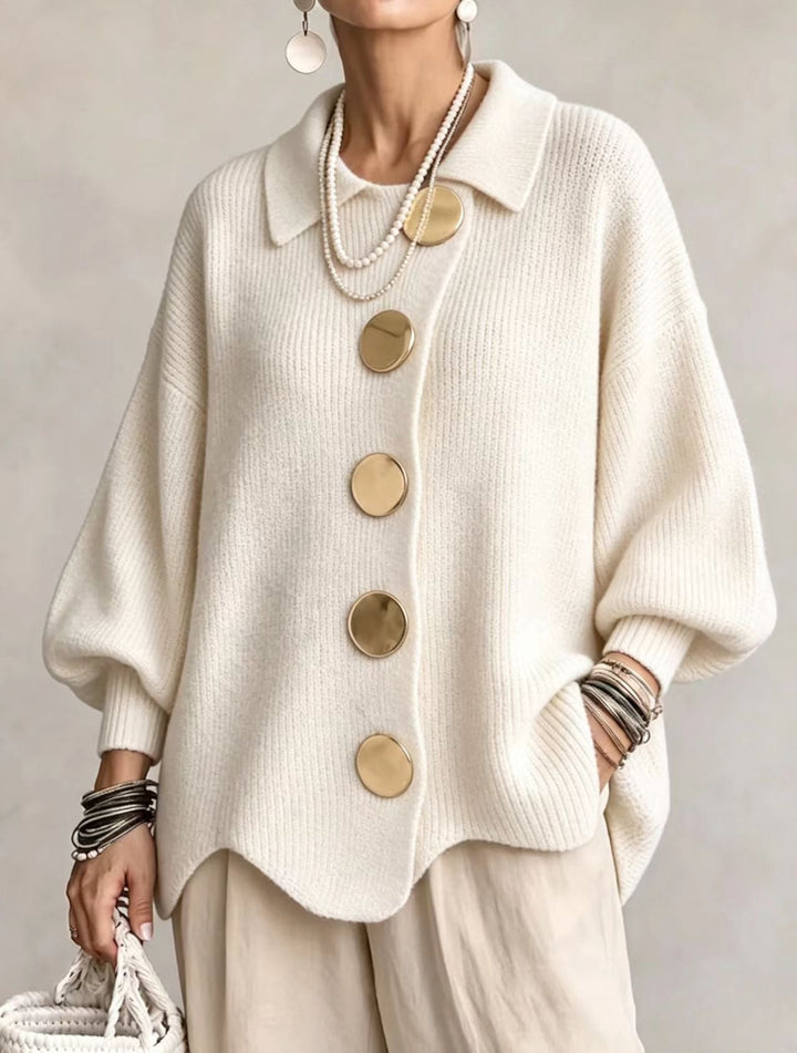 Women's Collared Oversized Cardigan with Gold-Tone Buttons