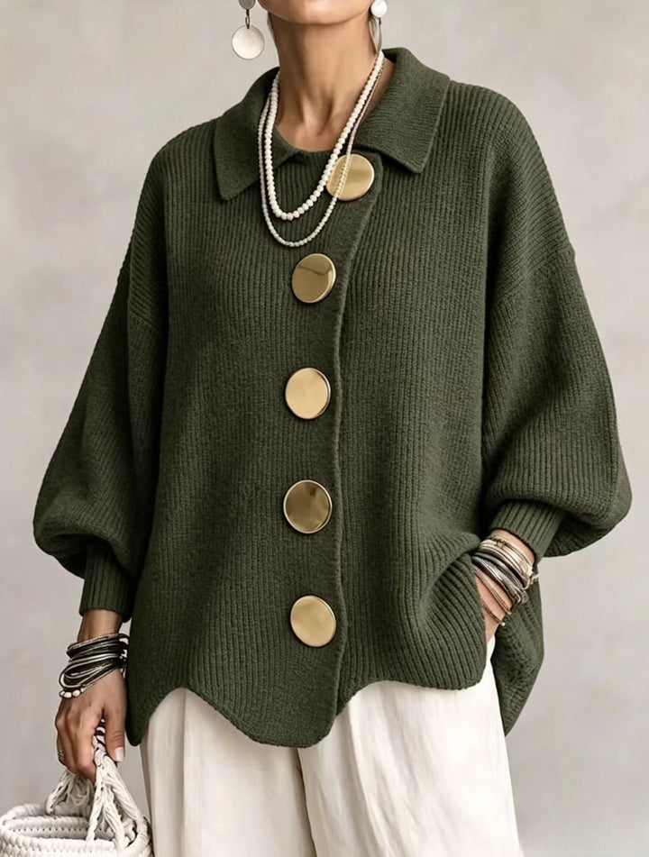 Women's Collared Oversized Cardigan with Gold-Tone Buttons