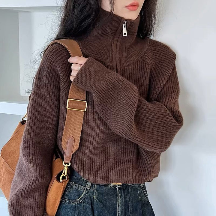 Women's Sofia Soft-Touch Quarter-Zip Sweater in Brown | Invictora.com
