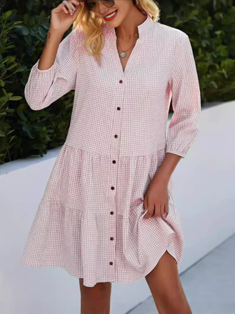 Women's High-Neck Checked Cardigan Midi Dress