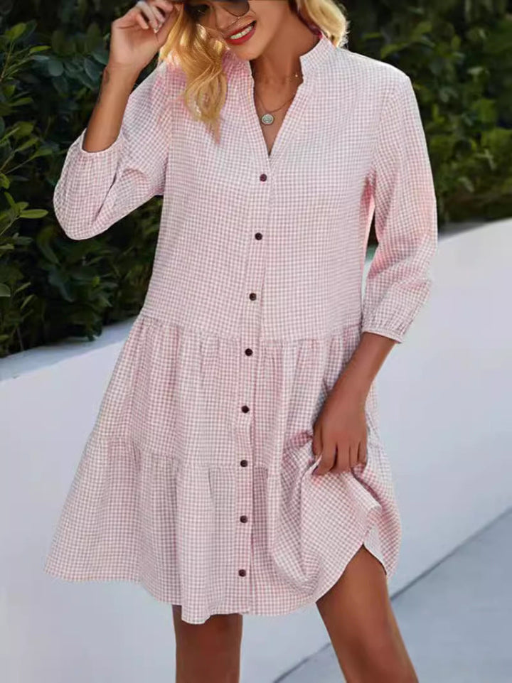 Women's High-Neck Checked Cardigan Midi Dress