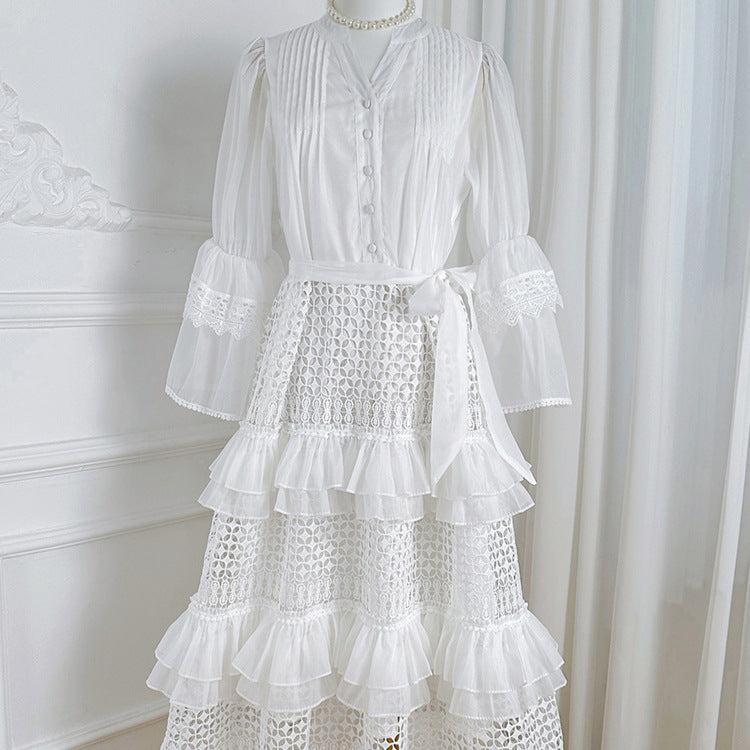 Women's Ruffled V-Neck Crochet Cardigan with Inner Tank Top