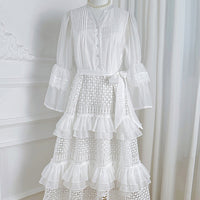 Women's Ruffled V-Neck Crochet Cardigan with Inner Tank Top