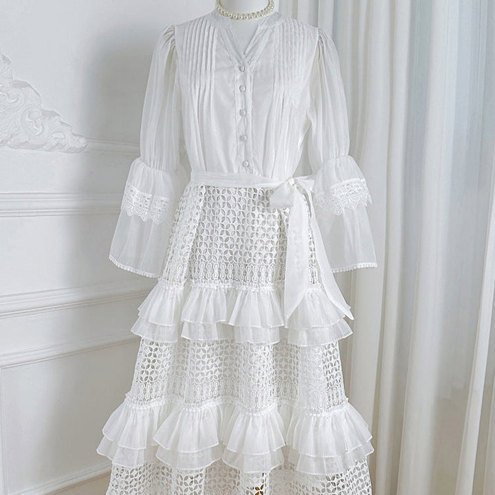 Women's Ruffled V-Neck Crochet Cardigan with Inner Tank Top