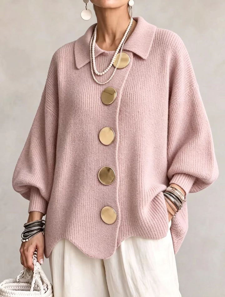 Women's Collared Oversized Cardigan with Gold-Tone Buttons