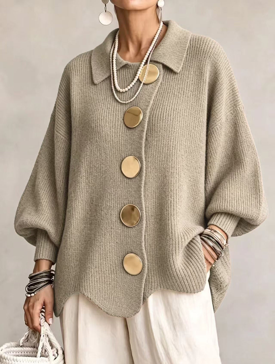 Women's Collared Oversized Cardigan with Gold-Tone Buttons