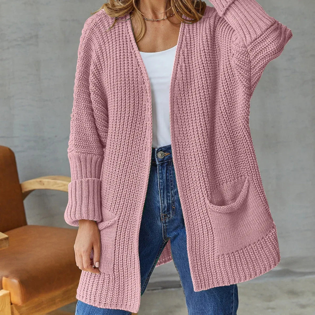 Women's Knit Cardigan – Open-Front Knit Side Pockets And Ribbed Cuffs