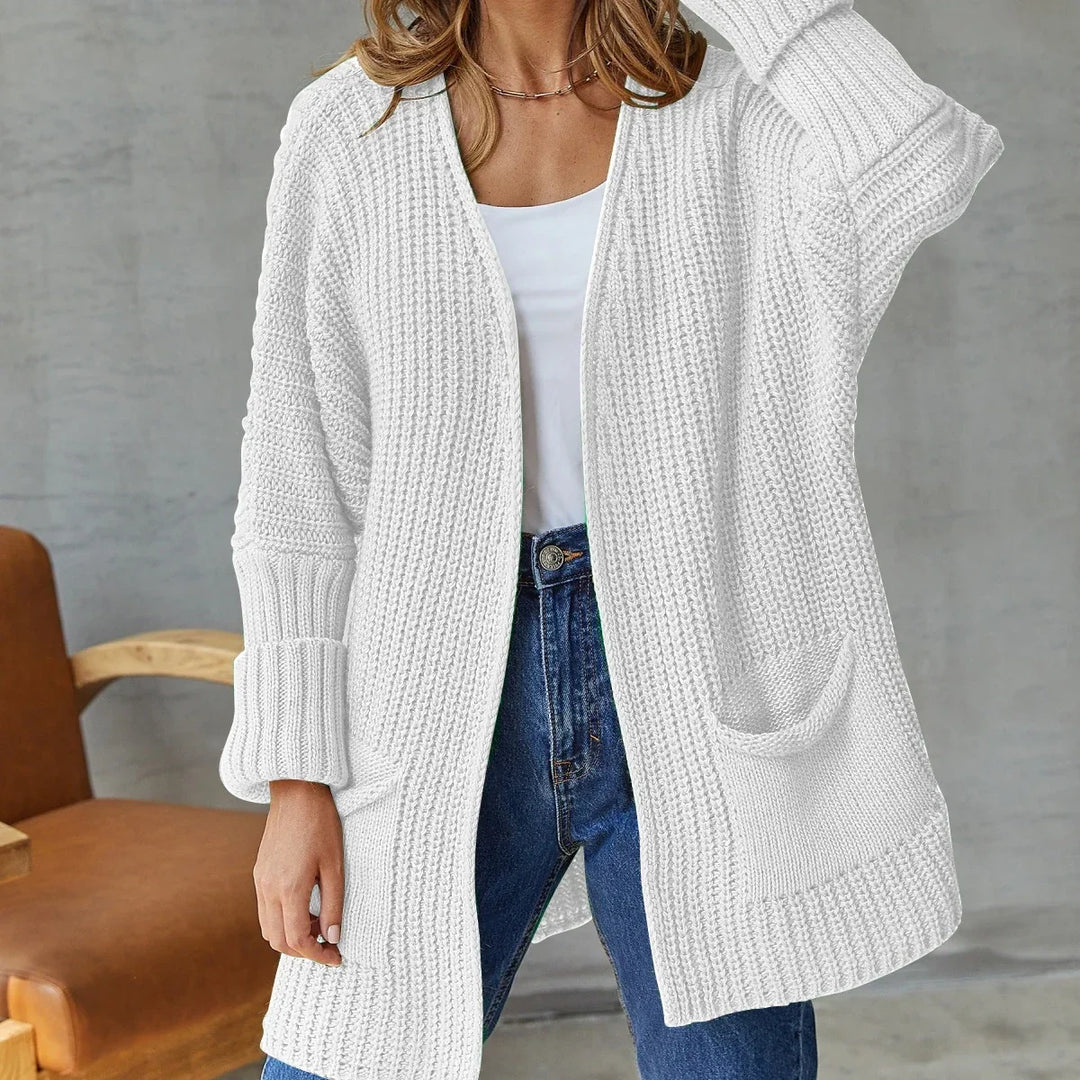 Women's Knit Cardigan – Open-Front Knit Side Pockets And Ribbed Cuffs