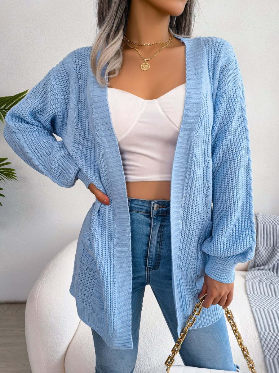 Women's Knit Cardigan – Oversized Cable-Knit Pockets And Open-Front