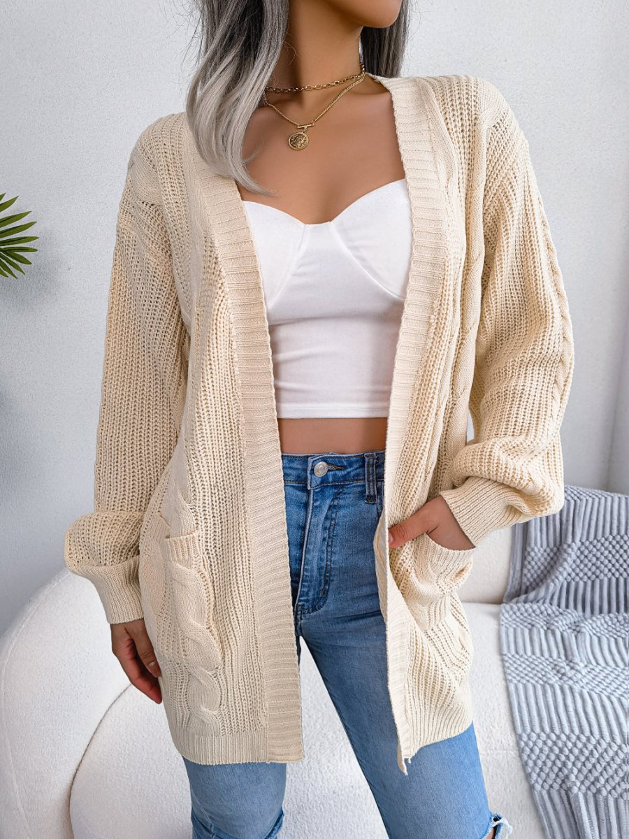 Women's Knit Cardigan – Oversized Cable-Knit Pockets And Open-Front