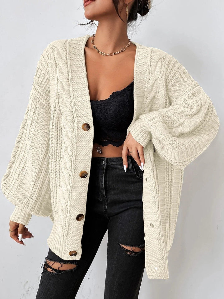 Women's Knit Cardigan – Oversized Chunky Cable-Knit Balloon Sleeves