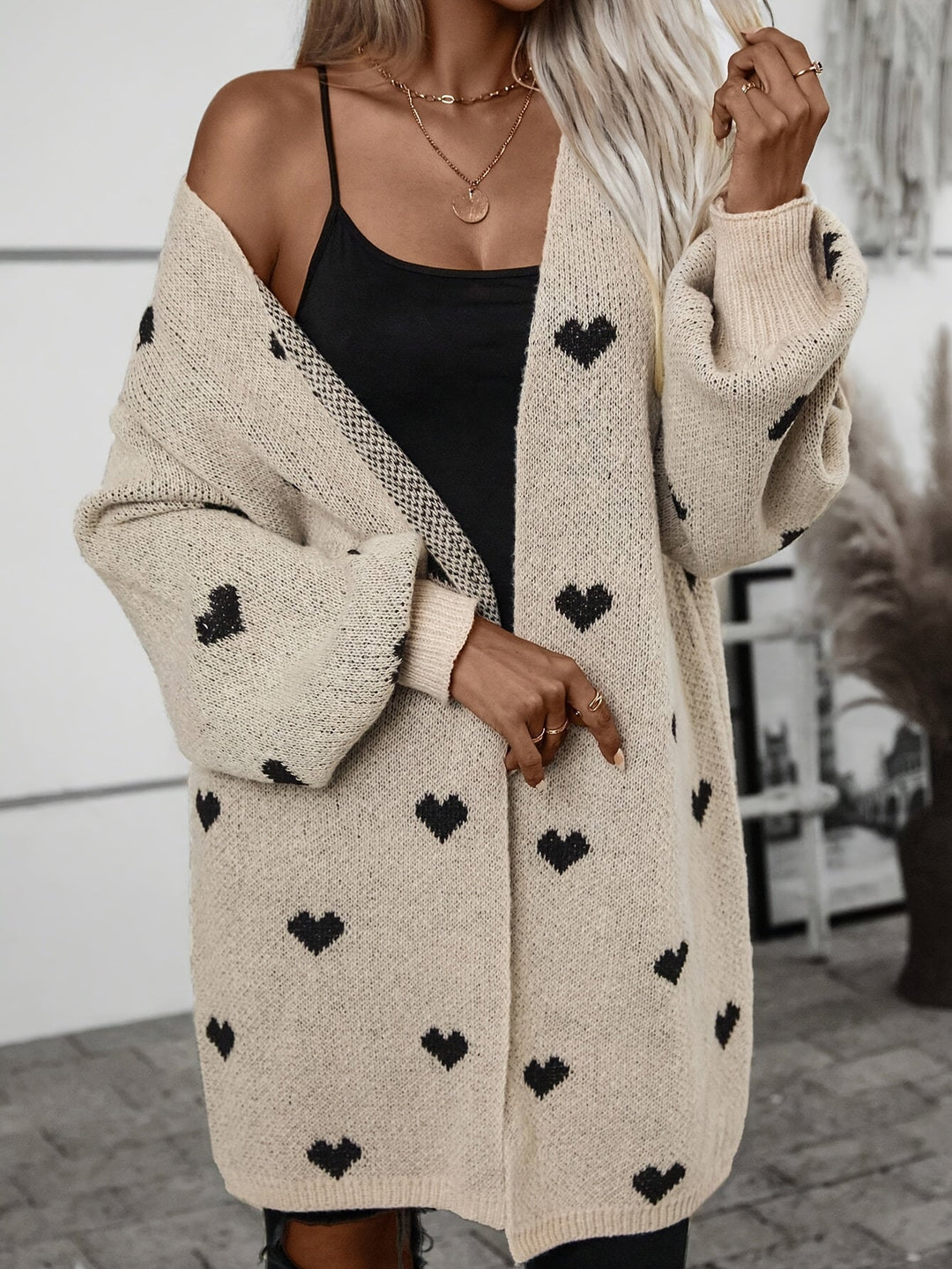 Women's Knit Cardigan – Oversized Khaki Heart Print Knit Open-Front