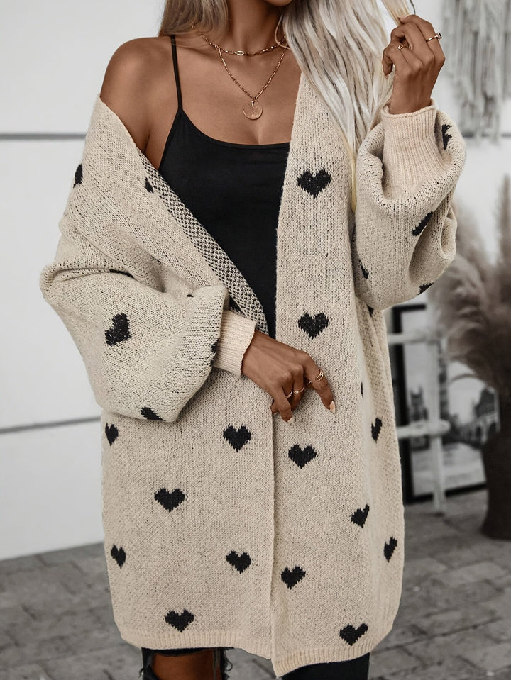 Women's Knit Cardigan – Oversized Khaki Heart Print Knit Open-Front