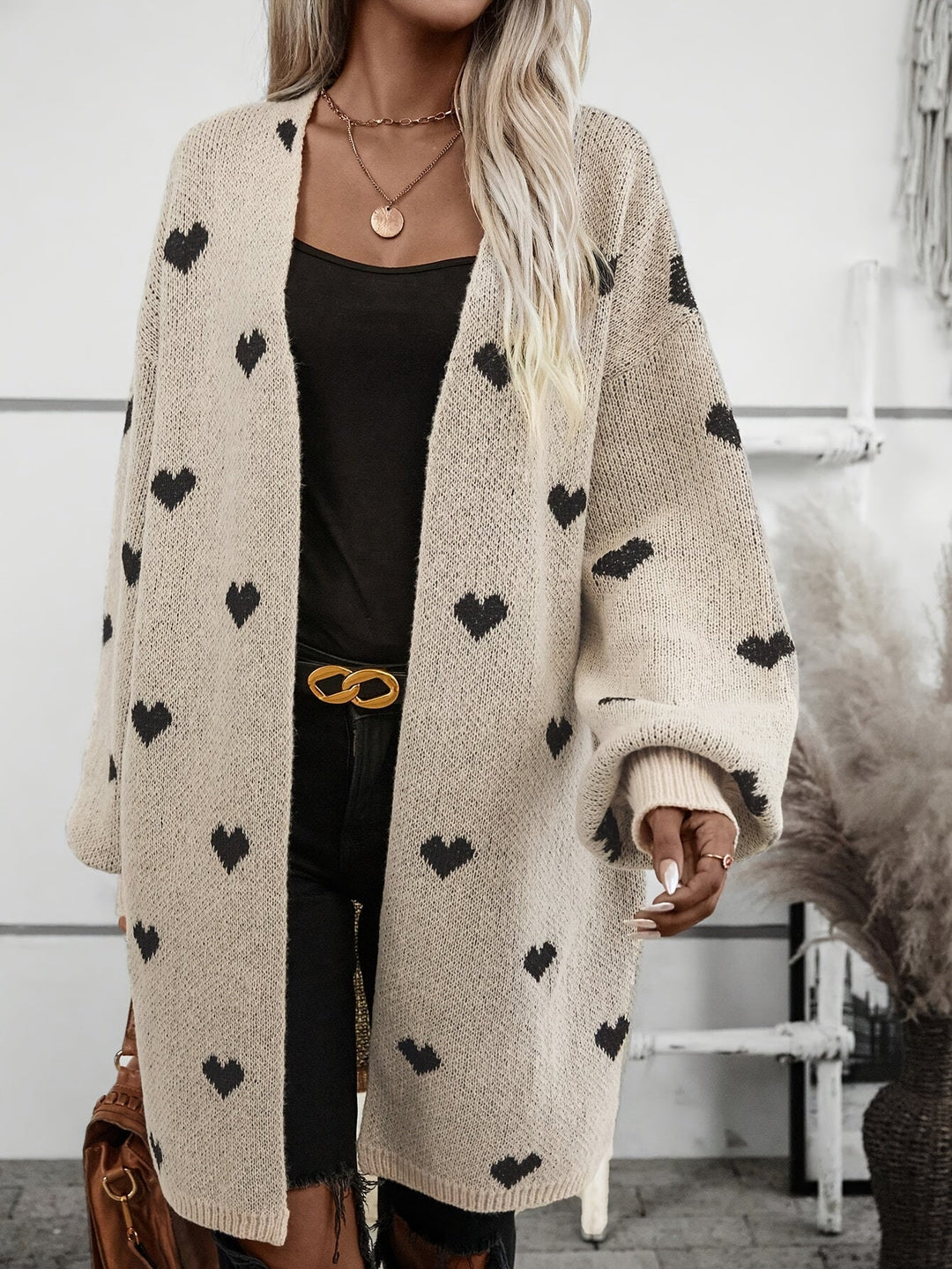 Women's Knit Cardigan – Oversized Khaki Heart Print Knit Open-Front