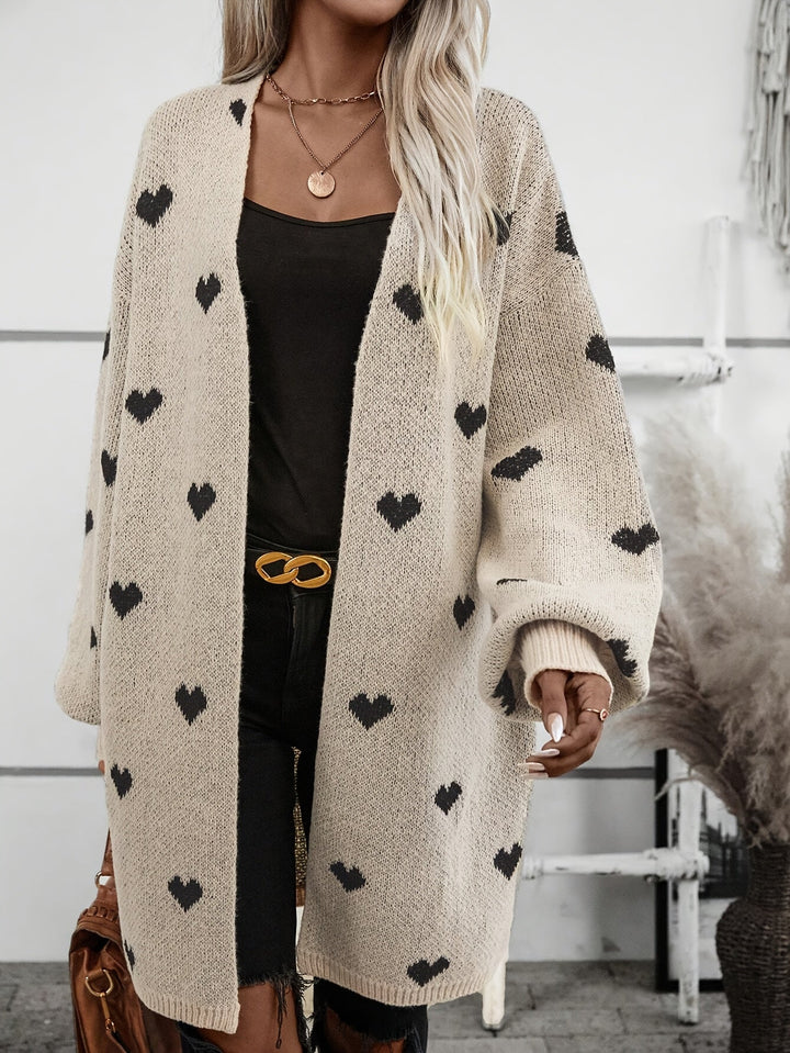 Women's Knit Cardigan – Oversized Khaki Heart Print Knit Open-Front