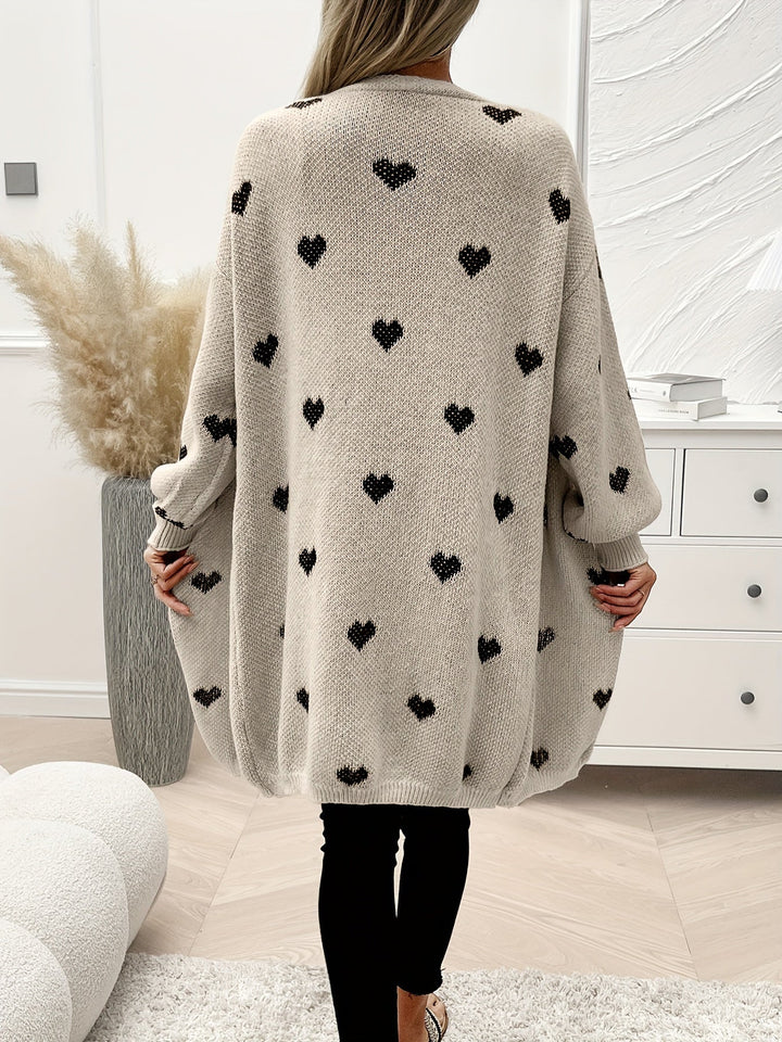 Women's Knit Cardigan – Oversized Khaki Heart Print Knit Open-Front