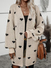 Women's Knit Cardigan – Oversized Khaki Heart Print Knit Open-Front