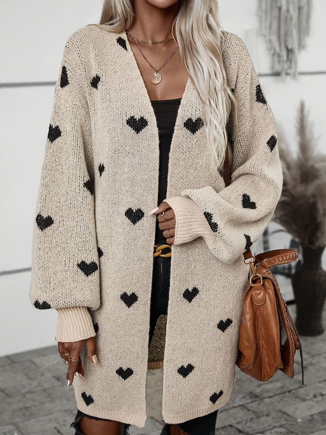 Women's Knit Cardigan – Oversized Khaki Heart Print Knit Open-Front