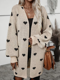 Women's Knit Cardigan – Oversized Khaki Heart Print Knit Open-Front