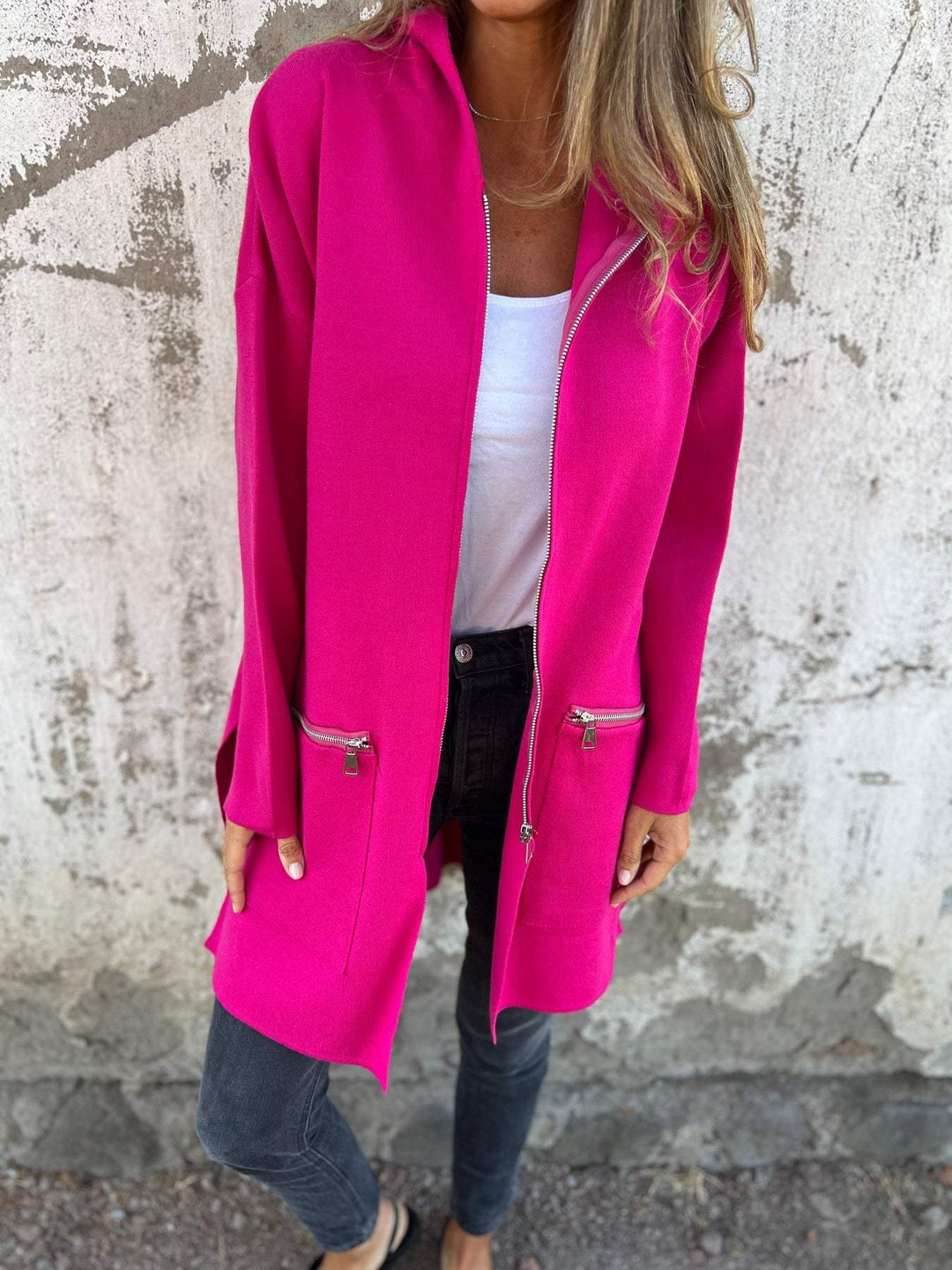 Women's Knit Cardigan – Oversized Long Full Zip And Zip Pockets
