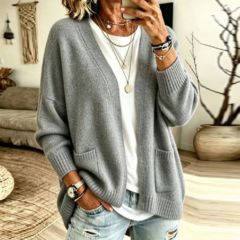Women's Knit Cardigan – Oversized Open-Front Front Pockets