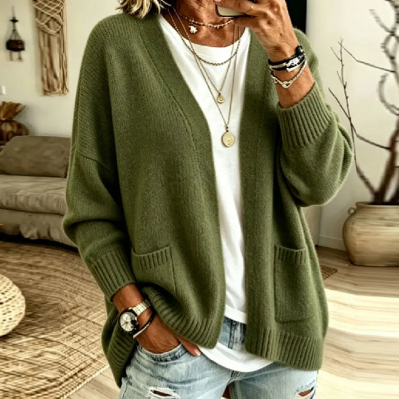 Women's Knit Cardigan – Oversized Open-Front Front Pockets