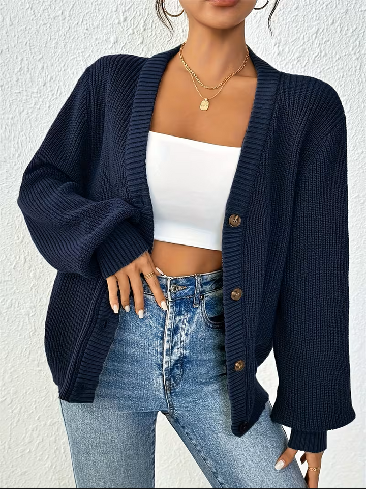 Women's Knit Cardigan – Oversized Ribbed Knit V-Neck
