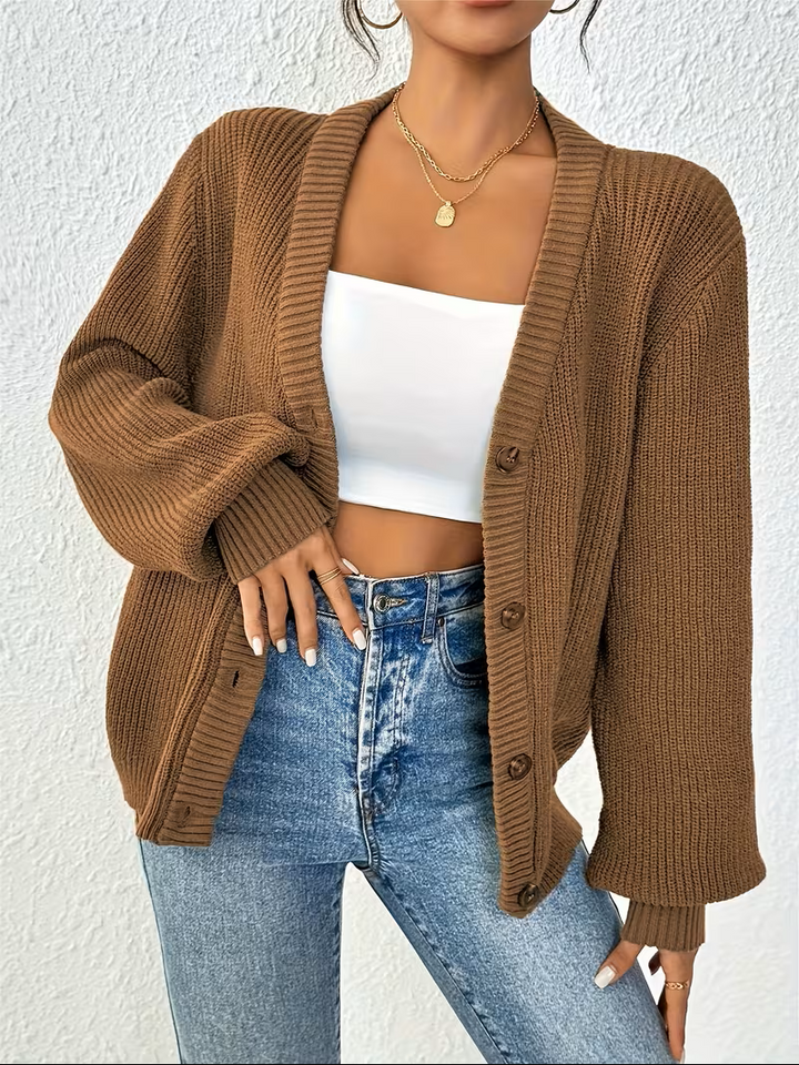 Women's Knit Cardigan – Oversized Ribbed Knit V-Neck