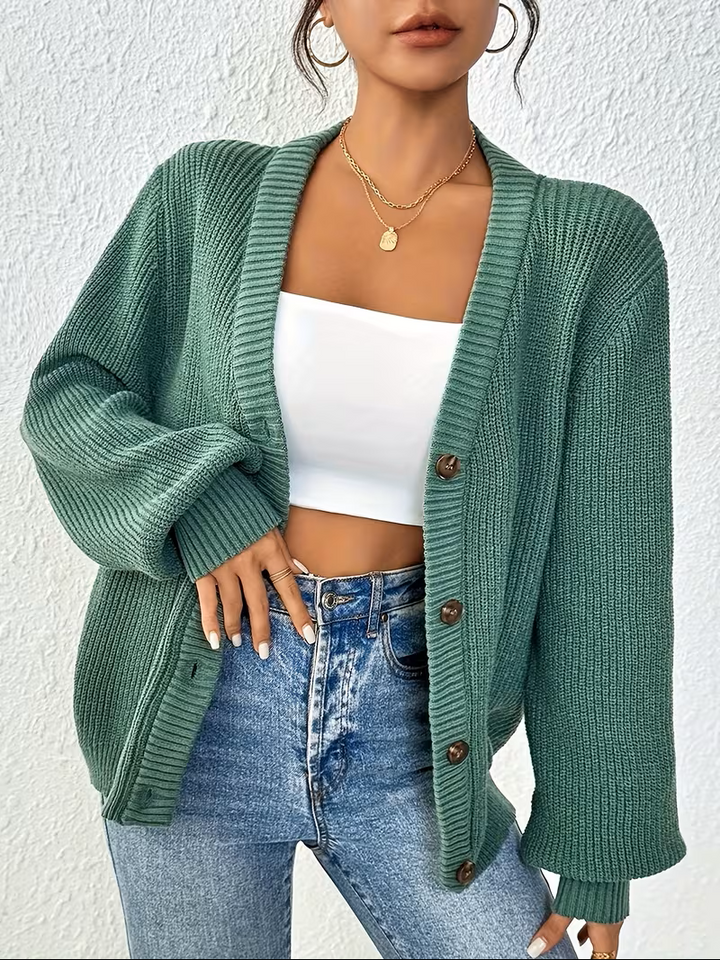 Women's Knit Cardigan – Oversized Ribbed Knit V-Neck