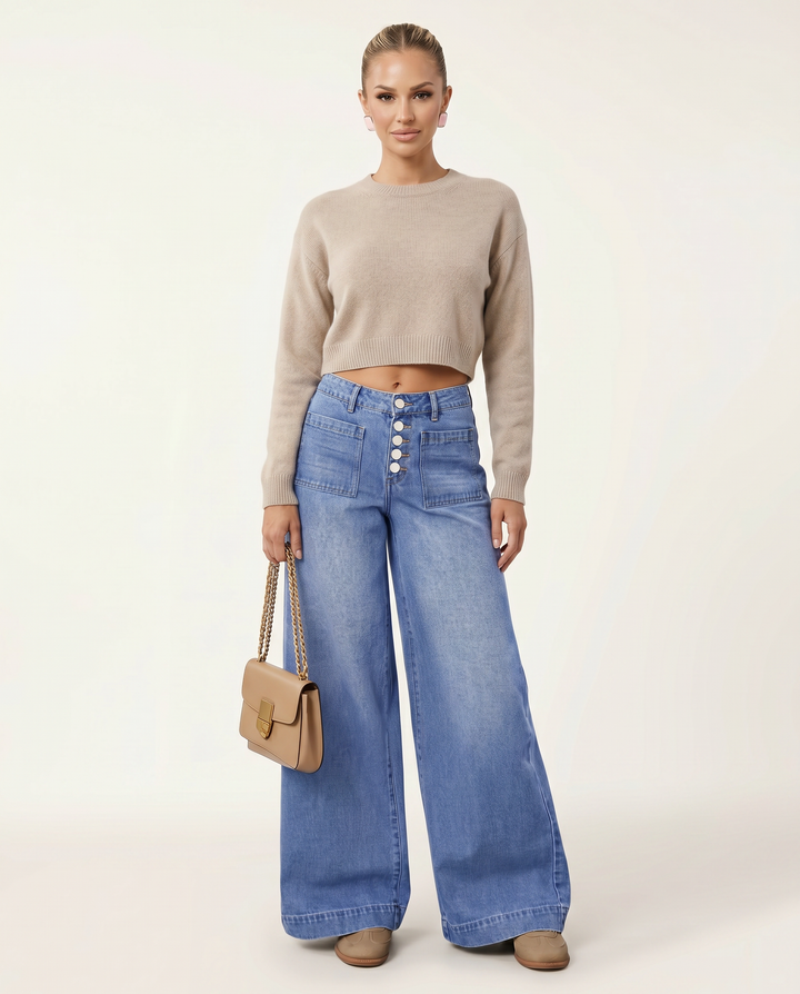 Women's Jeans – High-Waisted Blue Denim Wide-Leg Button-Front