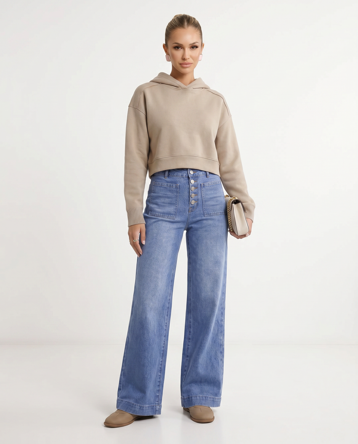 Women's Jeans – High-Waisted Blue Denim Wide-Leg Button-Front