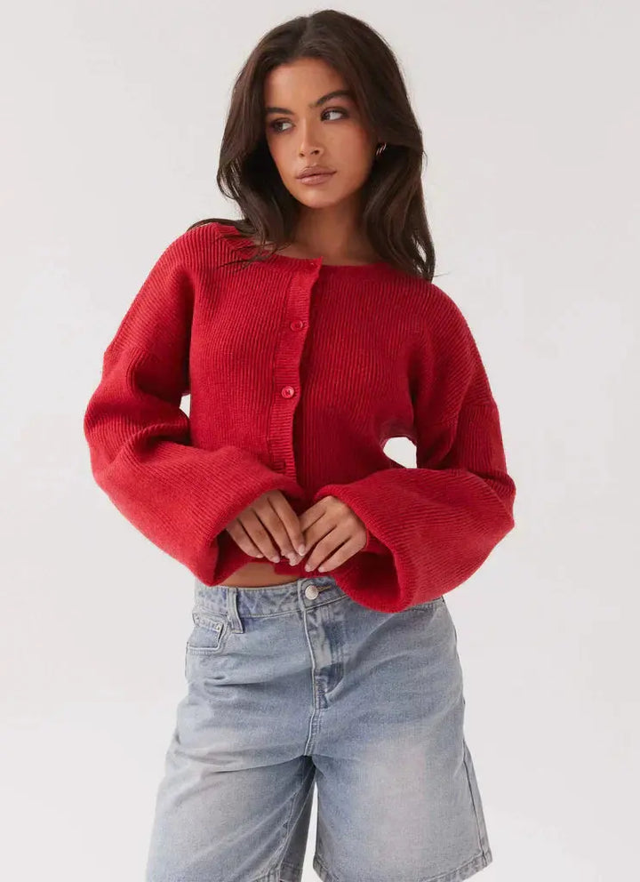 Women's Cardigan – Red Knit Classic Fit Autumn