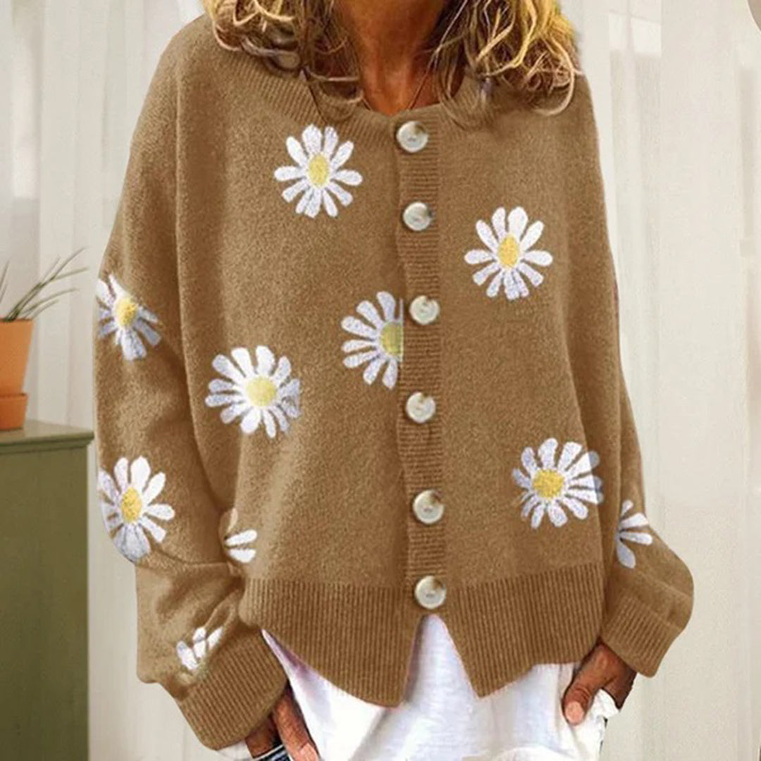 Women's Knit Cardigan – Relaxed Daisy Print Knit Round Neck