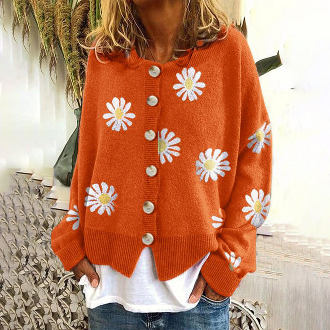 Women's Knit Cardigan – Relaxed Daisy Print Knit Round Neck