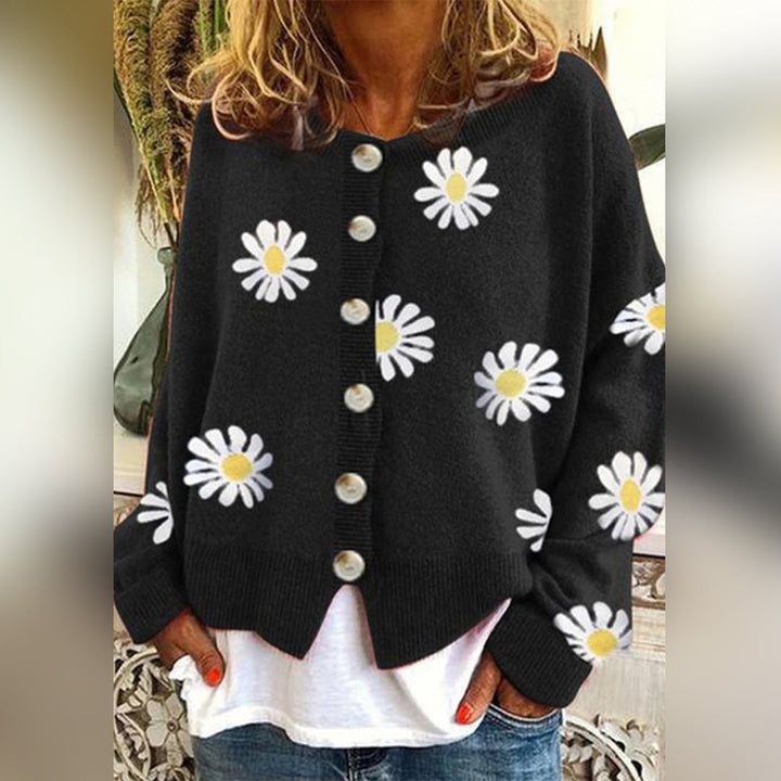 Women's Knit Cardigan – Relaxed Daisy Print Knit Round Neck