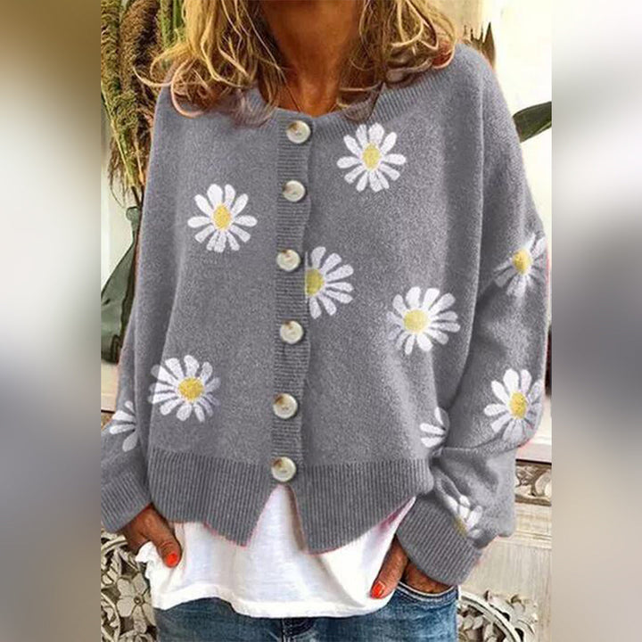 Women's Knit Cardigan – Relaxed Daisy Print Knit Round Neck